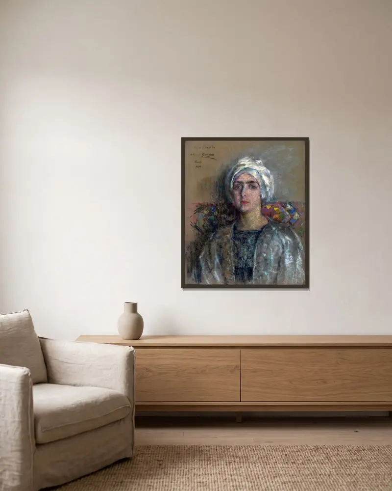 Den vita turbanen av Alice Pike Barney inramad på en vägg