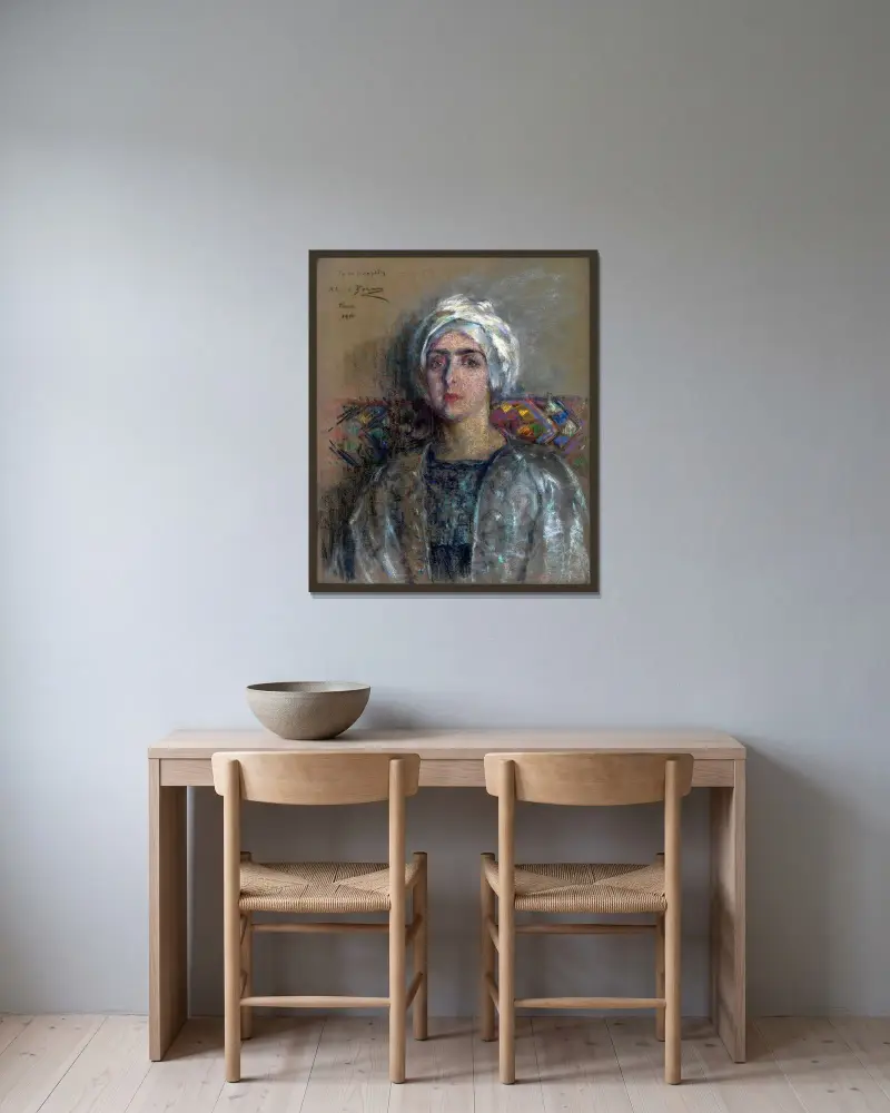 Den vita turbanen av Alice Pike Barney inramad på en vägg