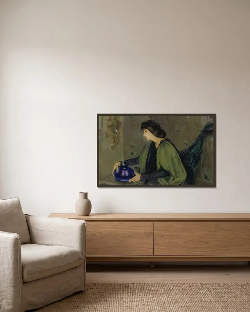 Kvinna och påfågel av Alice Pike Barney inramad på en vägg