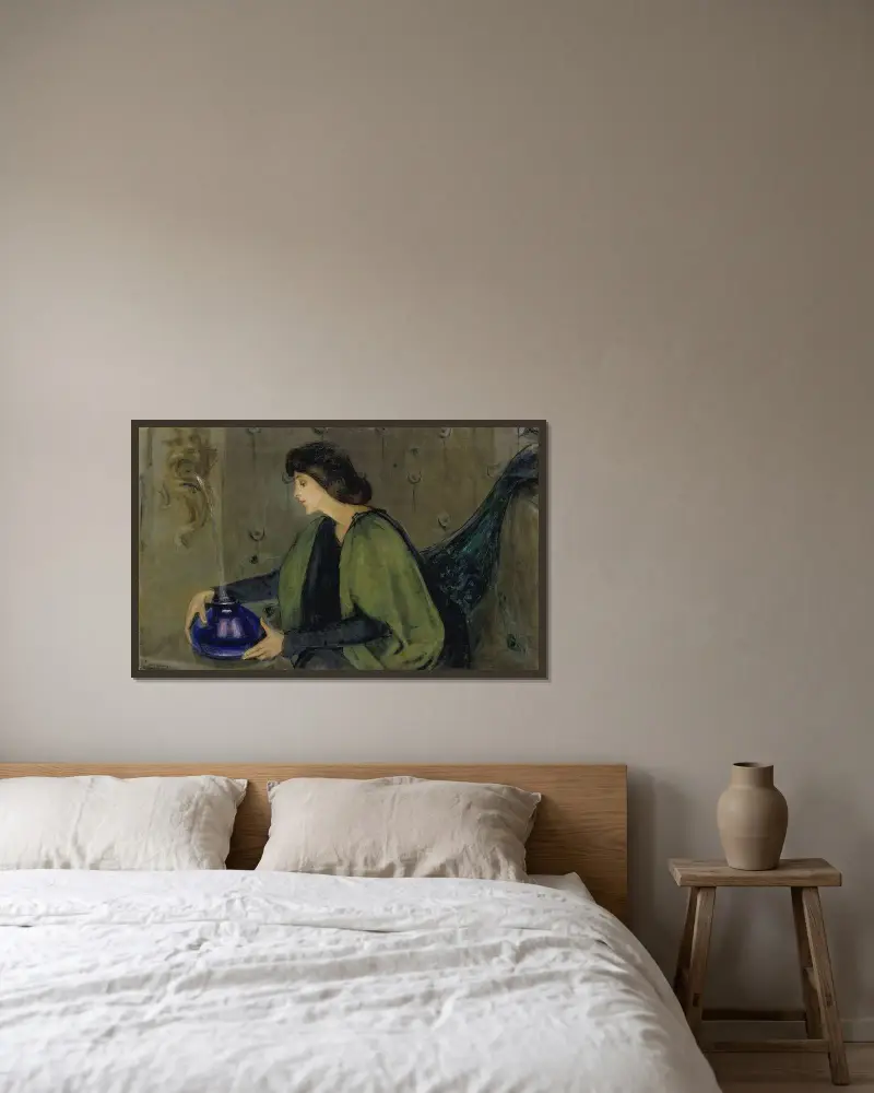 Kvinna och påfågel av Alice Pike Barney inramad på en vägg