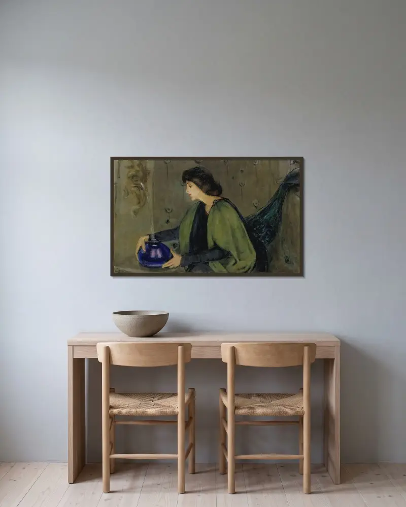 Kvinna och påfågel av Alice Pike Barney inramad på en vägg