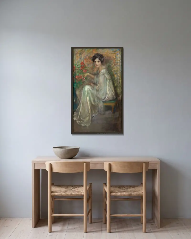 Ung kvinna med rosor av Alice Pike Barney inramad på en vägg