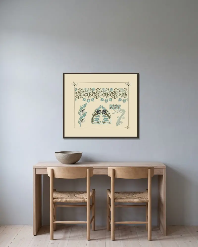 Abstract design based on berries and flowers av Maurice Pillard Verneuil inramad på en vägg