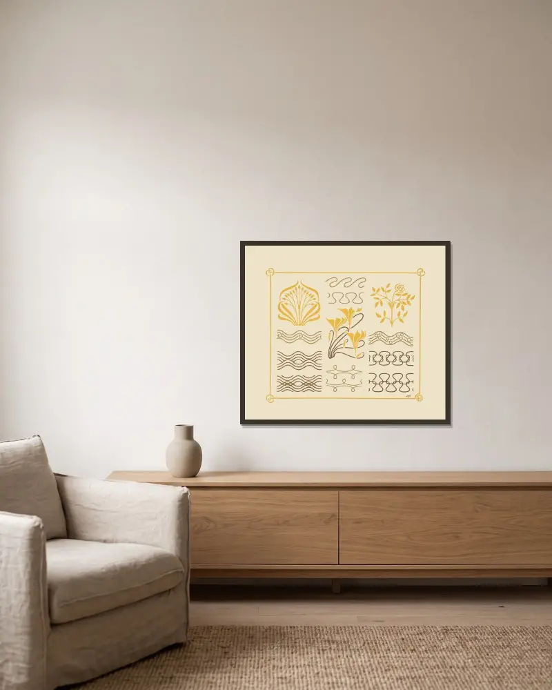 Abstrakt mönster med blad och böjda former av Maurice Pillard Verneuil inramad på en vägg