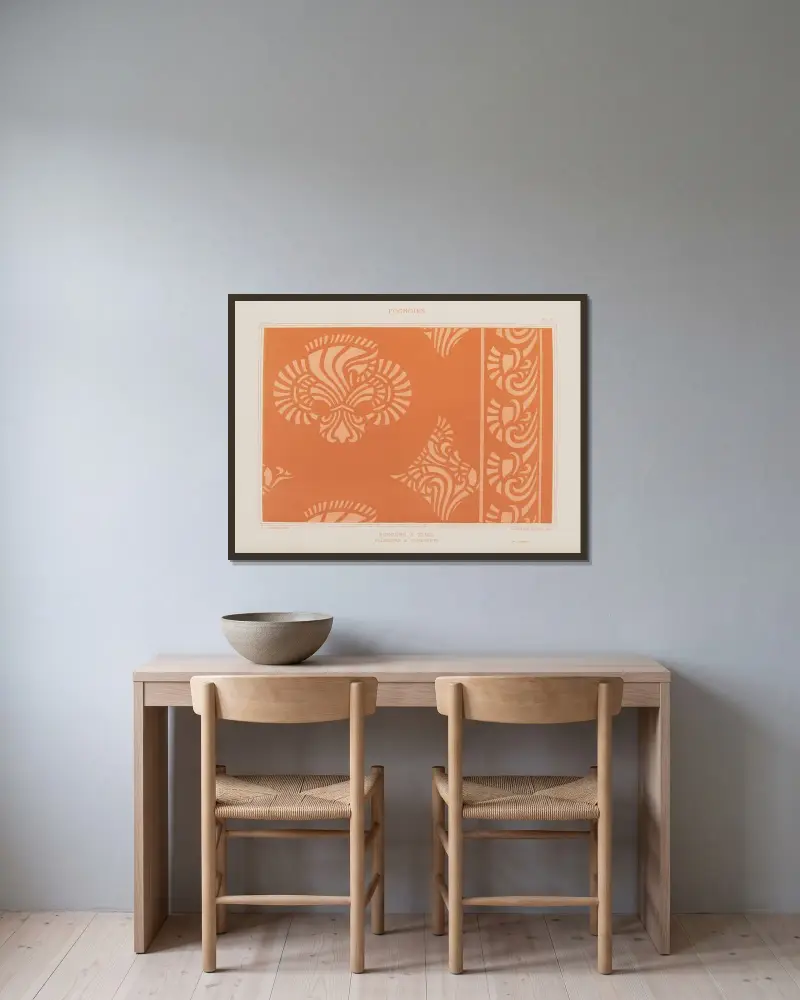 Bårder och sättningar, palmettor och ornament av Maurice Pillard Verneuil inramad på en vägg