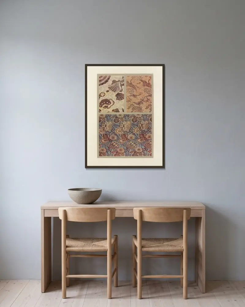 Schnecken auf geometrischem Grund; Kraniche im Flug und Chrysanthemen; Sonnenblumen von Maurice Pillard Verneuil gerahmt an einer Wand