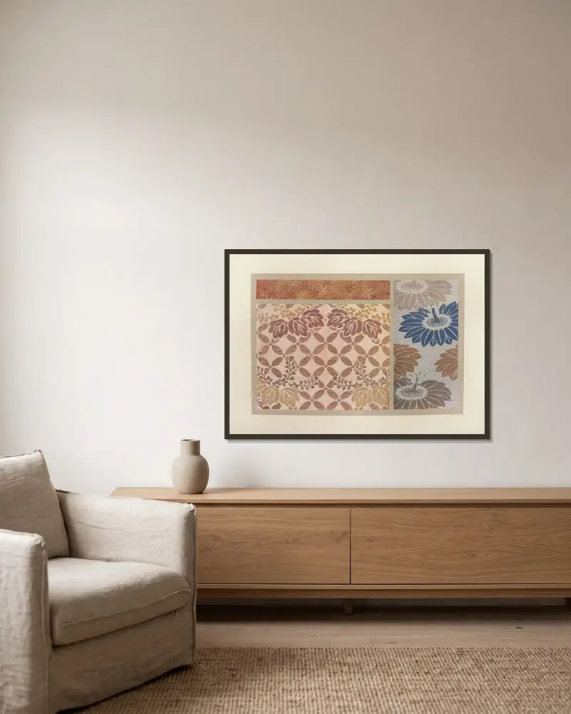 Blattwerk; Blüten und Blätter auf gemustertem Grund; Passionsblumen von Maurice Pillard Verneuil gerahmt an einer Wand