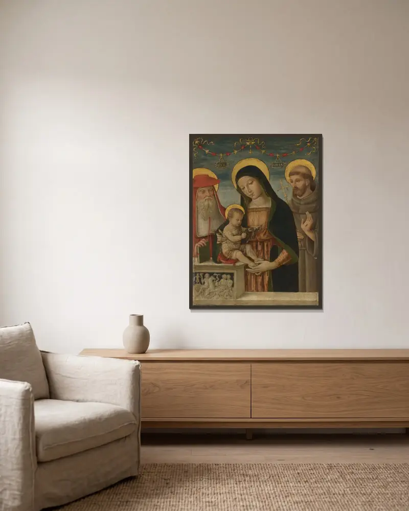 Virgin and Child with Saints Jerome and Francis of Assisi av Pinturicchio inramad på en vägg