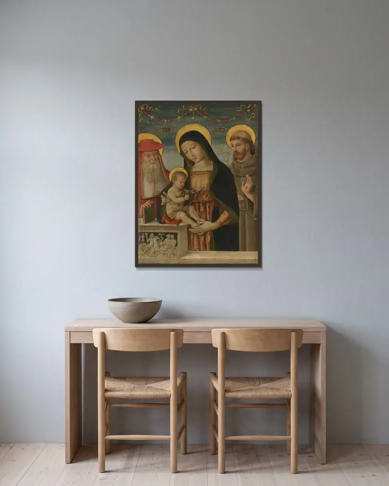 Virgin and Child with Saints Jerome and Francis of Assisi av Pinturicchio inramad på en vägg