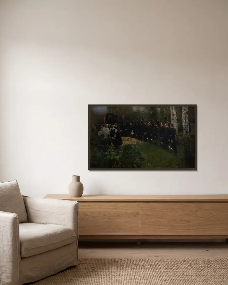 Das Begräbnis des Bergmanns von Piotr Stachiewicz gerahmt an einer Wand