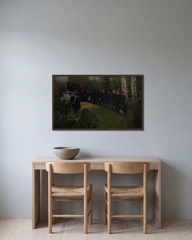 Das Begräbnis des Bergmanns von Piotr Stachiewicz gerahmt an einer Wand