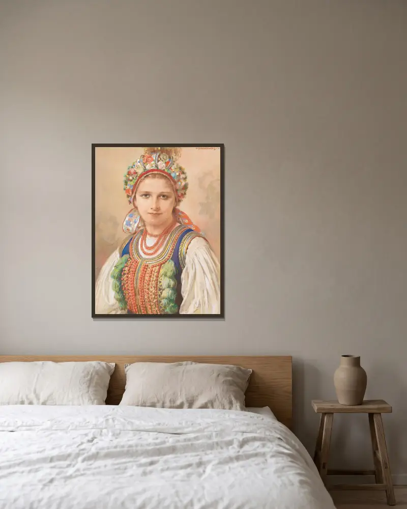 Portrait of a woman in Polish costume av Piotr Stachiewicz inramad på en vägg