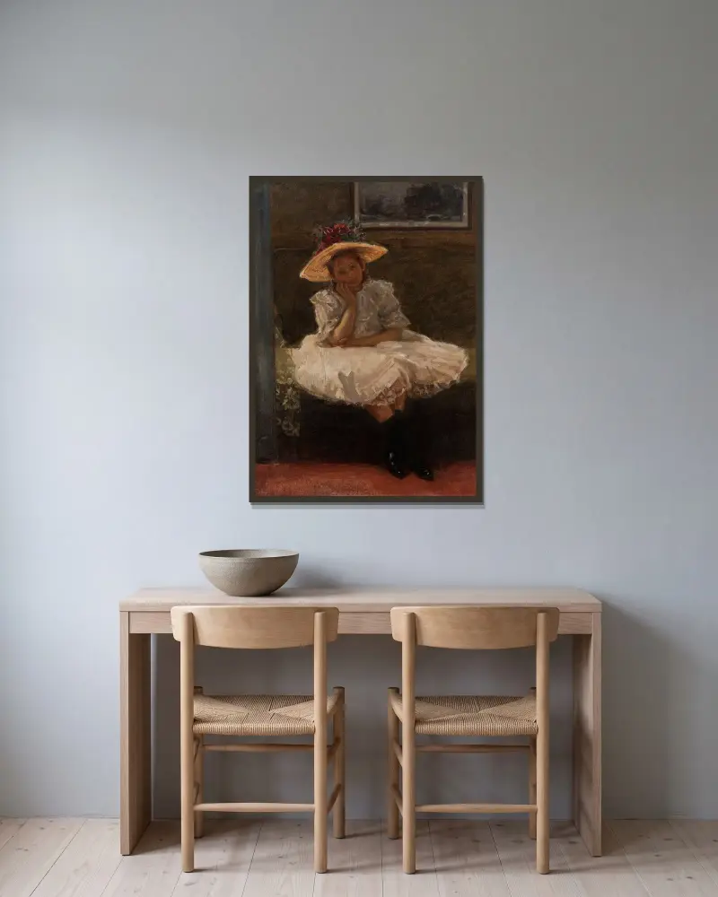 Girl in a hat av Władysław Podkowiński inramad på en vägg