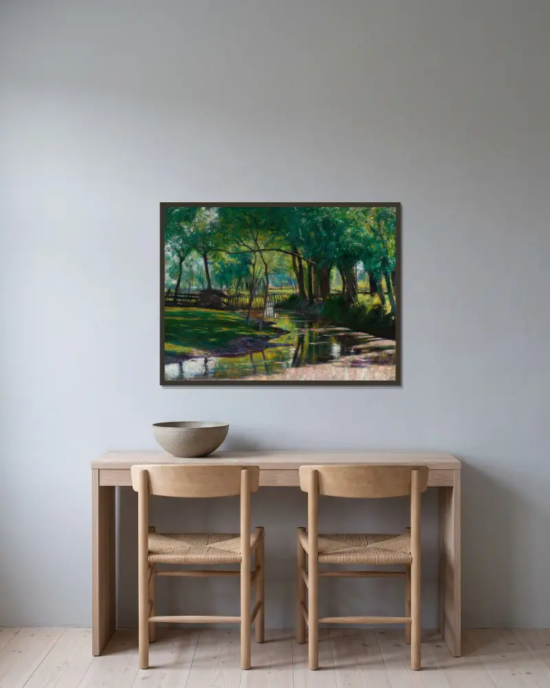 Grüne Landschaft mit einem Bach von Władysław Podkowiński gerahmt an einer Wand