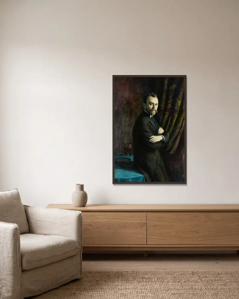Portrait of Konrad Dynowski av Władysław Podkowiński inramad på en vägg