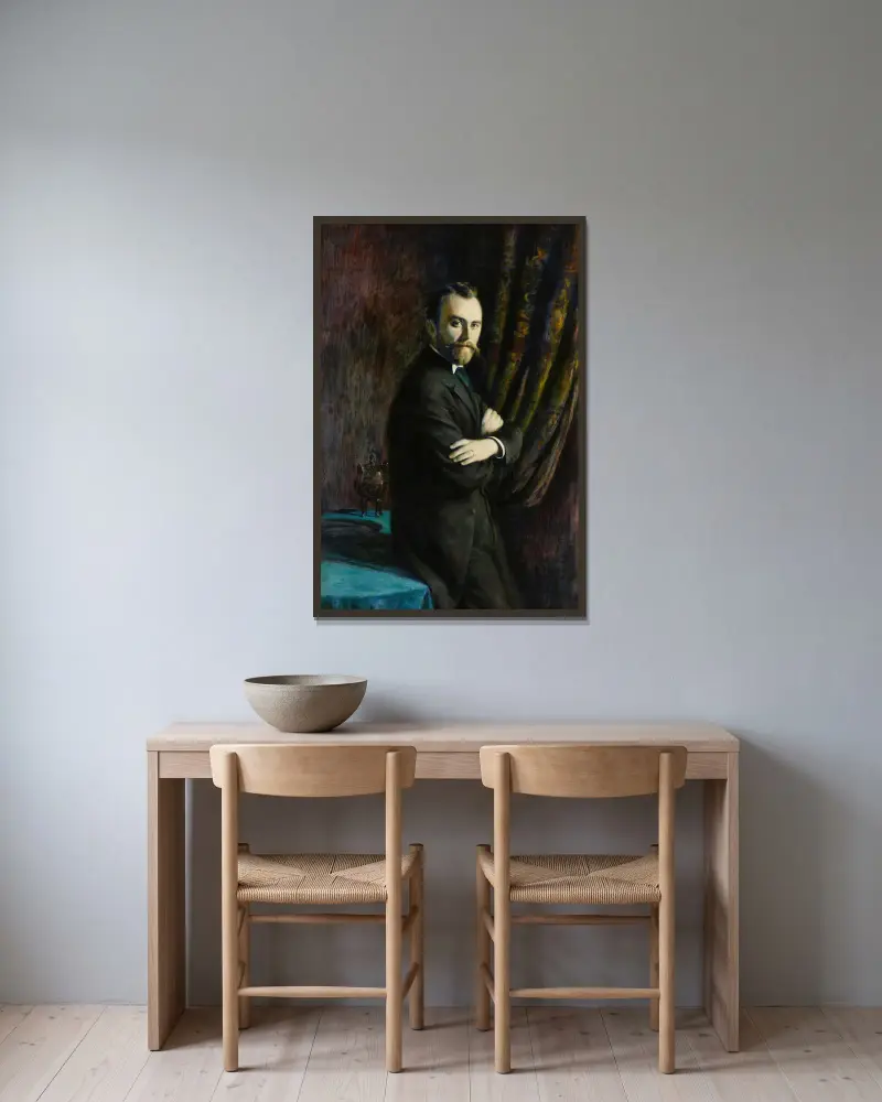 Portrait of Konrad Dynowski av Władysław Podkowiński inramad på en vägg