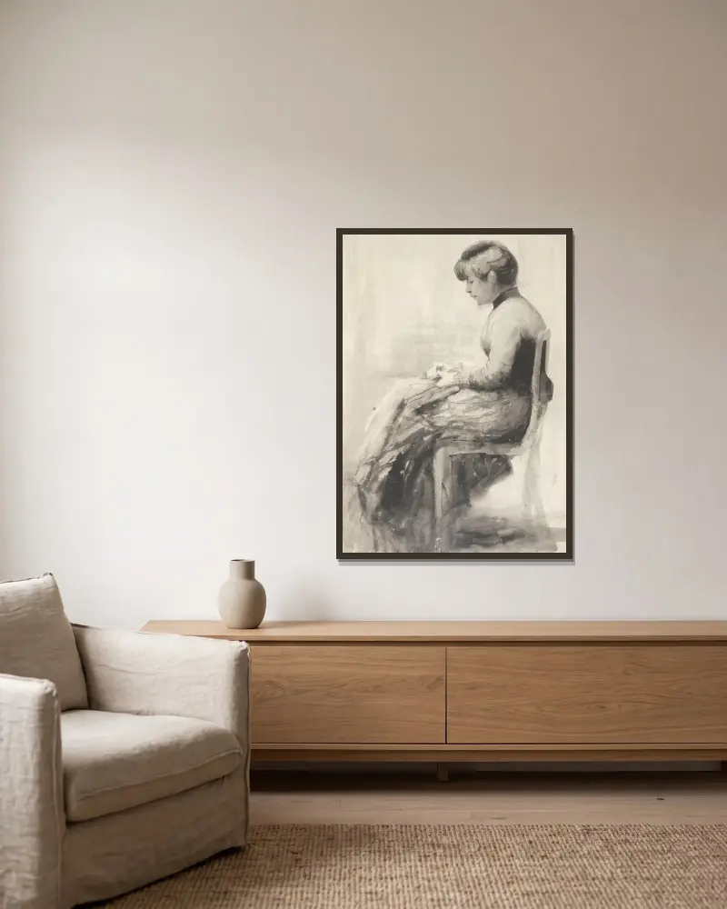 Sitting woman av Władysław Podkowiński inramad på en vägg