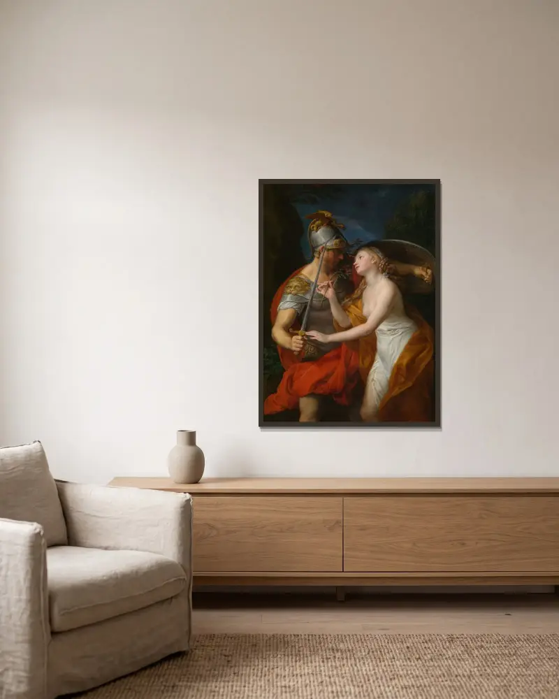 Allegori över fred och krig av Pompeo Batoni inramad på en vägg