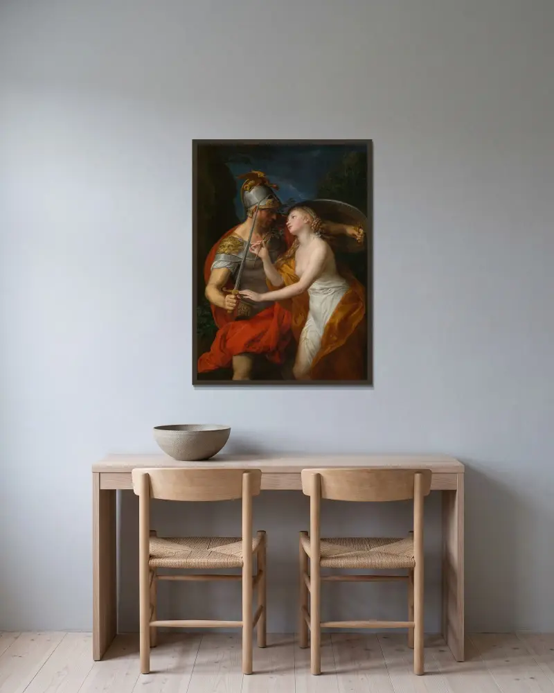 Allegori över fred och krig av Pompeo Batoni inramad på en vägg