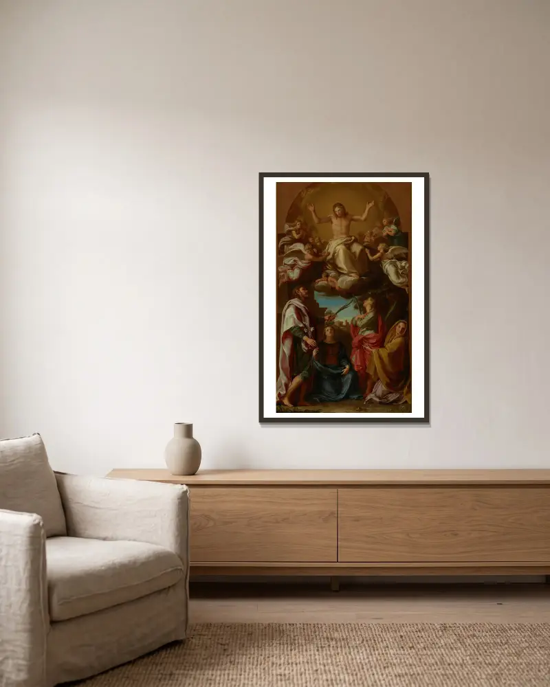 Christ in Glory with Saints Celsus,Julian Marcionilla and Basilissa av Pompeo Batoni inramad på en vägg