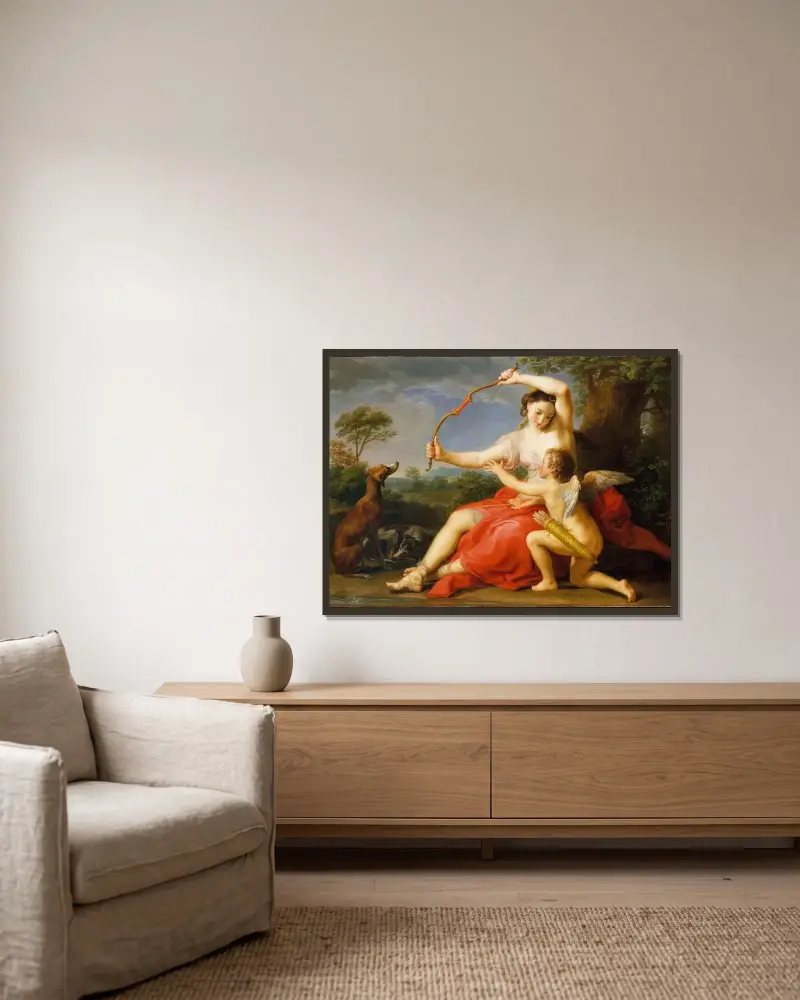 Diana und Cupido von Pompeo Batoni gerahmt an einer Wand