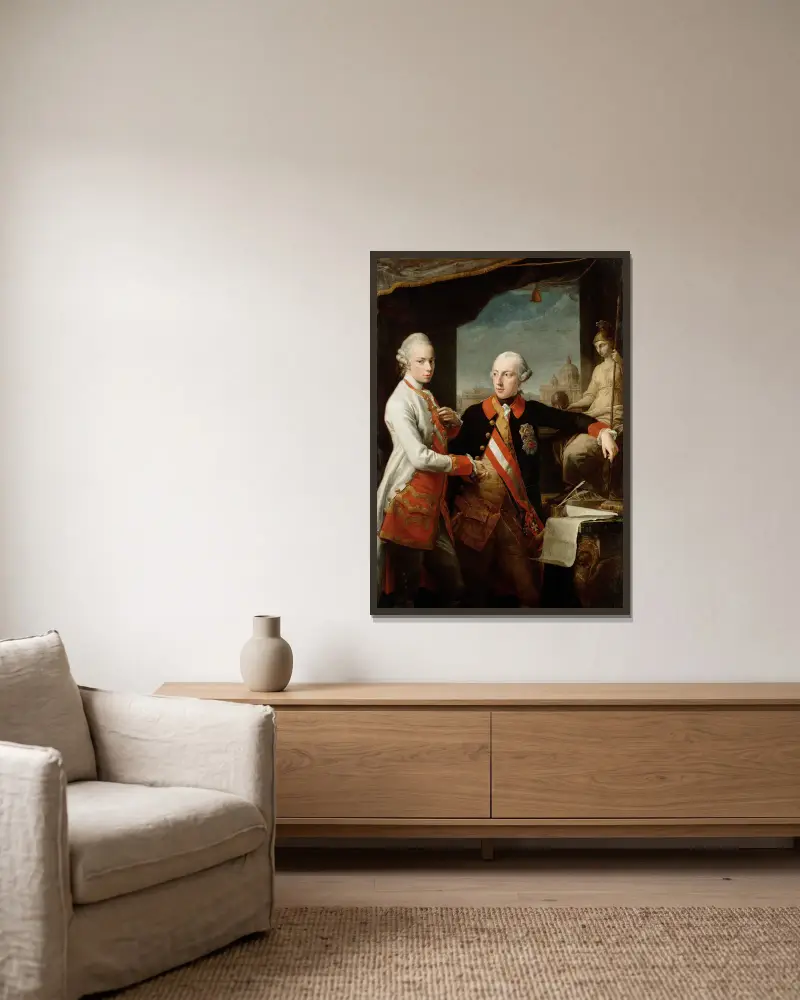 Emperor Joseph II With Grand Duke Pietro Leopoldo Of Tuscany av Pompeo Batoni inramad på en vägg