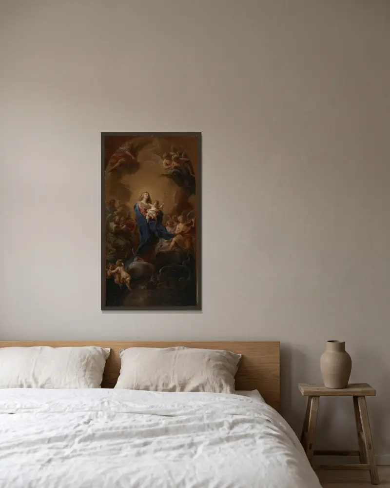 Madonnan och barnet i härlighet av Pompeo Batoni inramad på en vägg