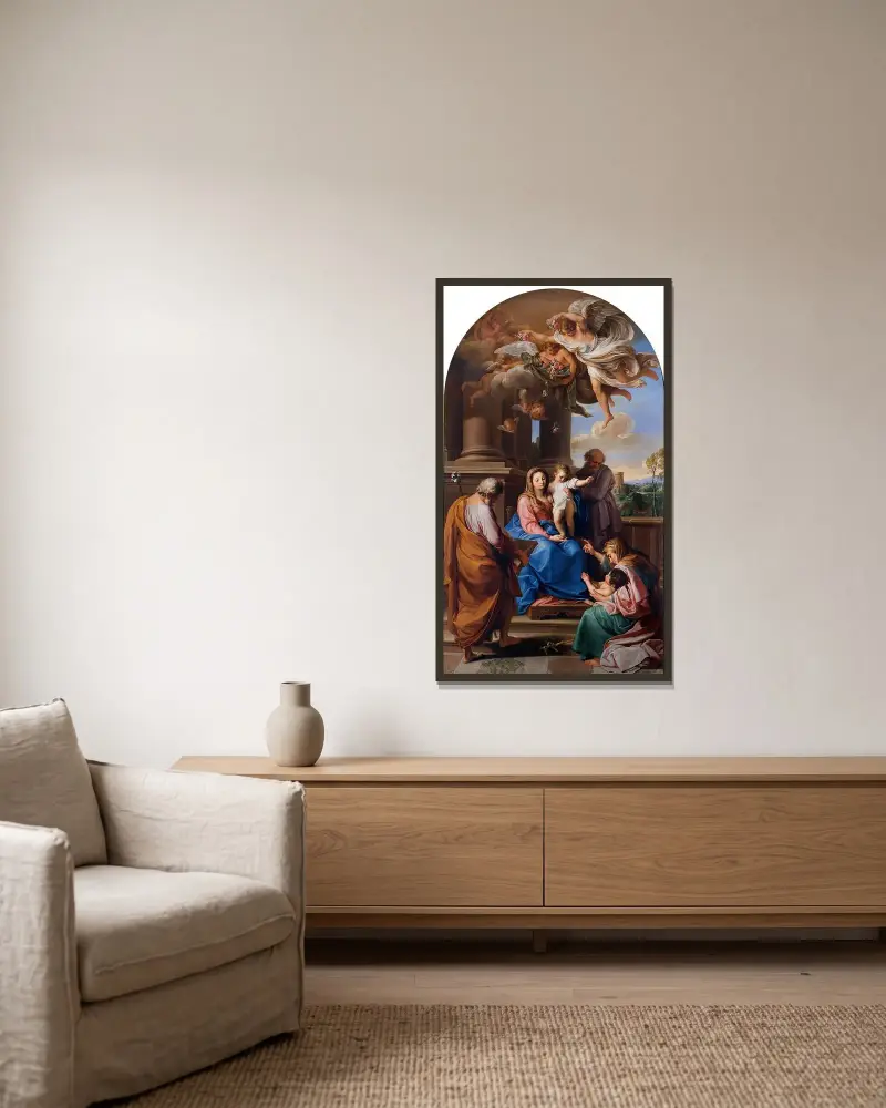 Madonna mit Kind und den heiligen Josef, Zacharias und Elisabeth sowie dem kleinen Johannes dem Täufer von Pompeo Batoni gerahmt an einer Wand