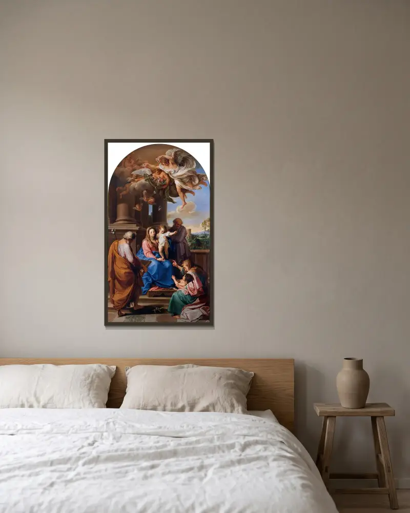 Madonna mit Kind und den heiligen Josef, Zacharias und Elisabeth sowie dem kleinen Johannes dem Täufer von Pompeo Batoni gerahmt an einer Wand