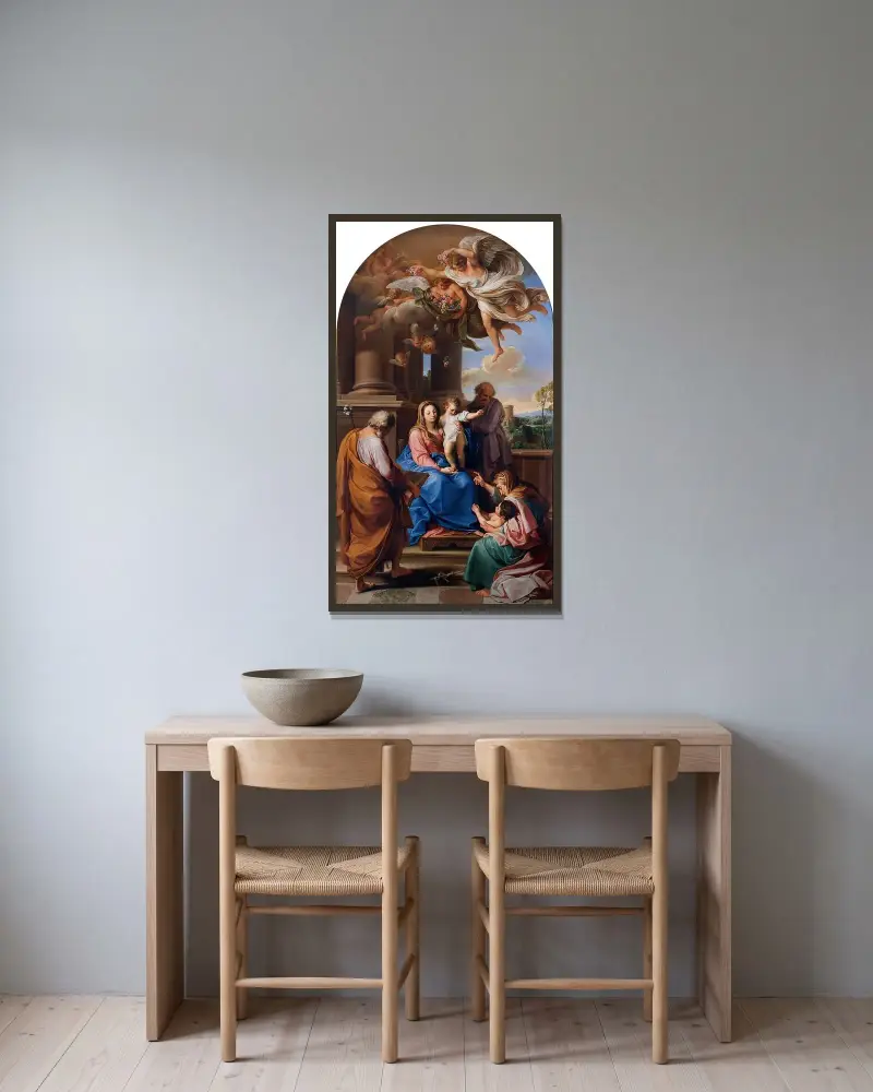 Madonna mit Kind und den heiligen Josef, Zacharias und Elisabeth sowie dem kleinen Johannes dem Täufer von Pompeo Batoni gerahmt an einer Wand