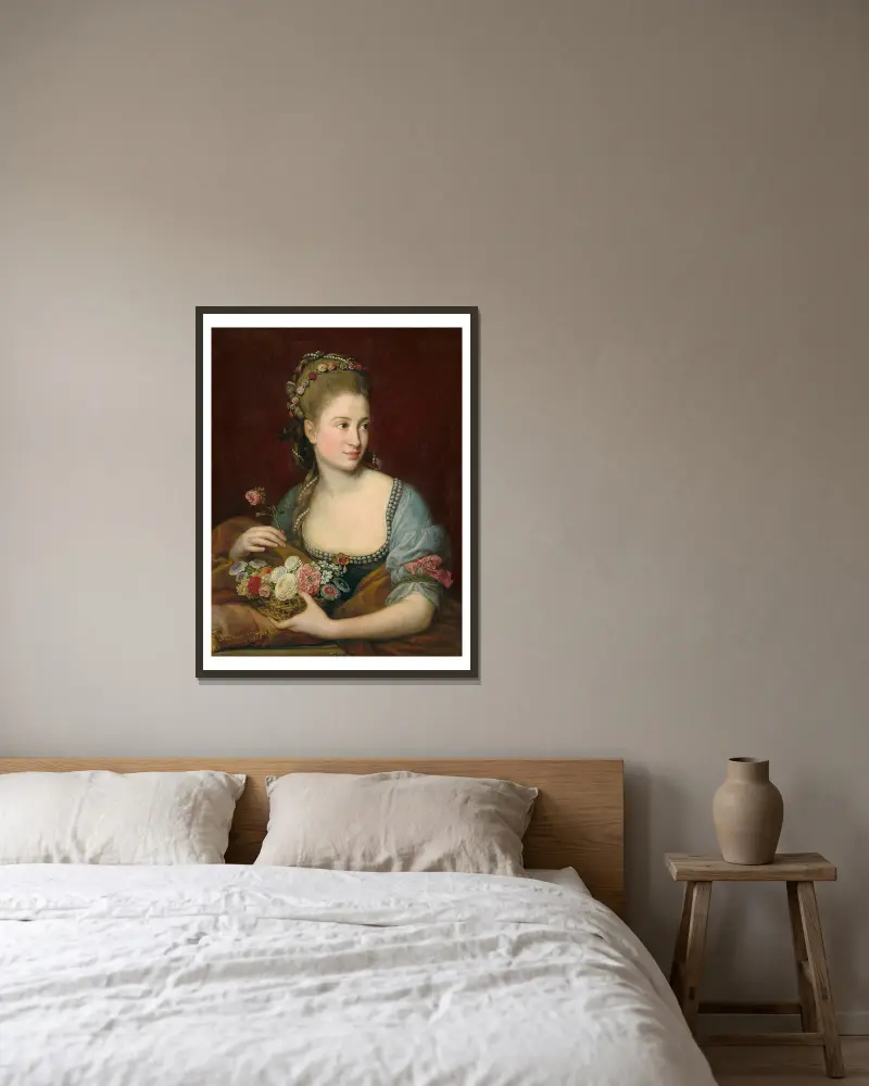 Porträtt av en dam som Flora av Pompeo Batoni inramad på en vägg