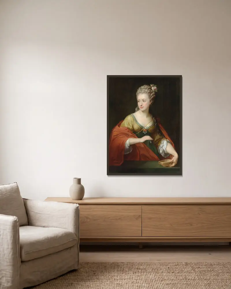 Porträtt av en dam, traditionellt identifierad som Alexandra Evichovna Demidov som Kleopatra av Pompeo Batoni inramad på en vägg