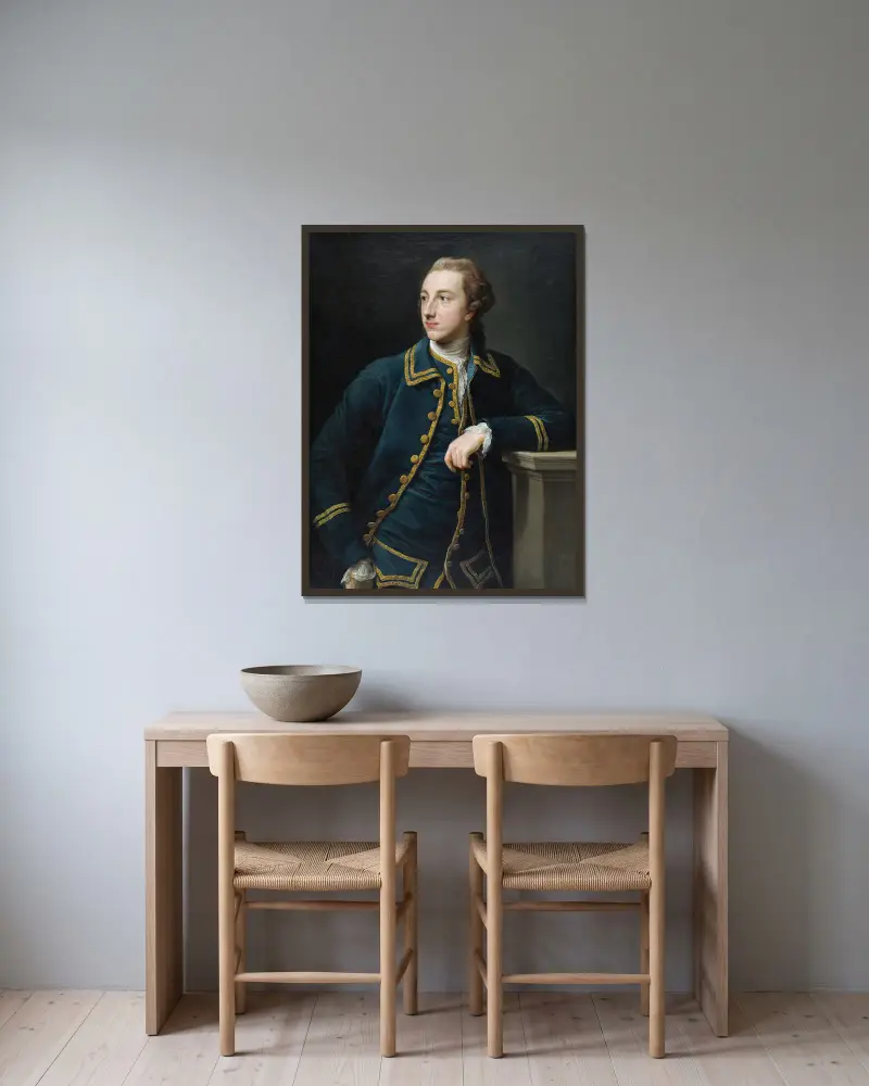 Portrait of a Man in a Green Suit av Pompeo Batoni inramad på en vägg