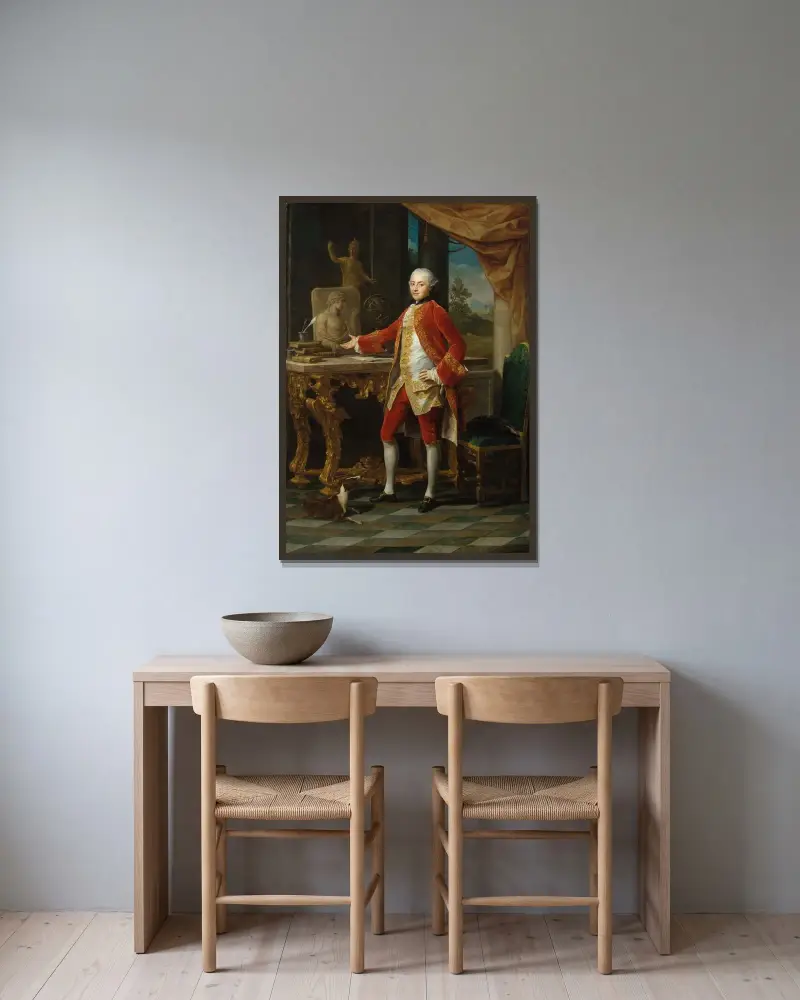 Porträtt av en ung man av Pompeo Batoni inramad på en vägg