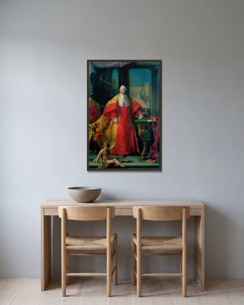 Porträtt av Abbondio Rezzonico av Pompeo Batoni inramad på en vägg