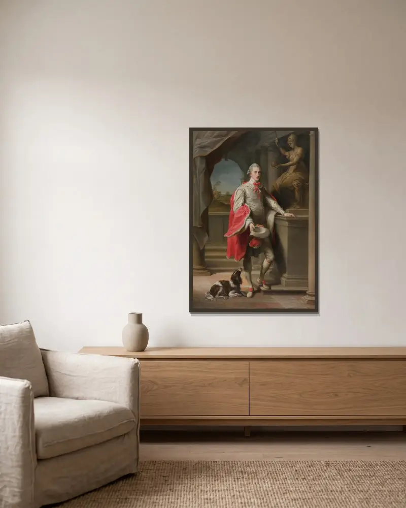Porträt von John, 3. Baron Monson von Burton von Pompeo Batoni gerahmt an einer Wand