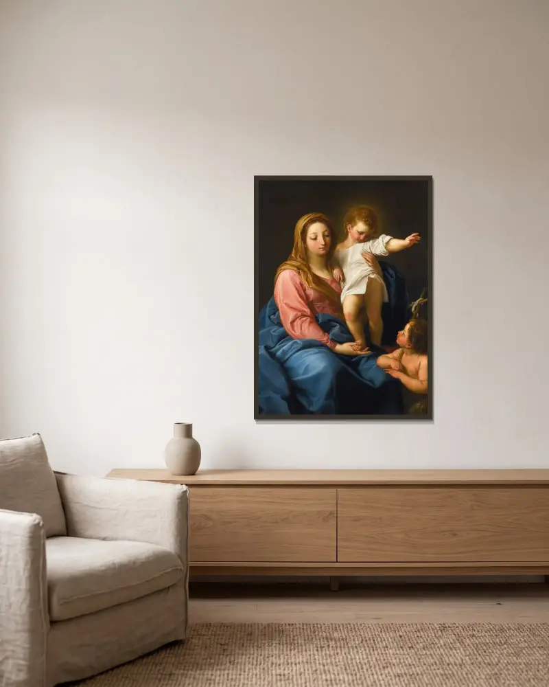 Madonnan med barnet och den unge Johannes döparen av Pompeo Batoni inramad på en vägg