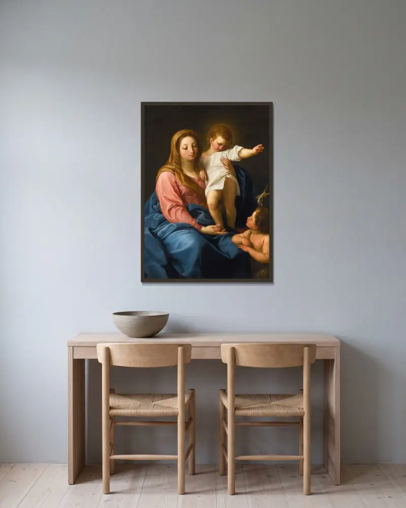 Madonnan med barnet och den unge Johannes döparen av Pompeo Batoni inramad på en vägg