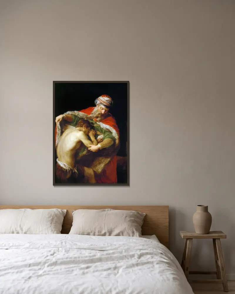 Den förlorade sonens återkomst av Pompeo Batoni inramad på en vägg
