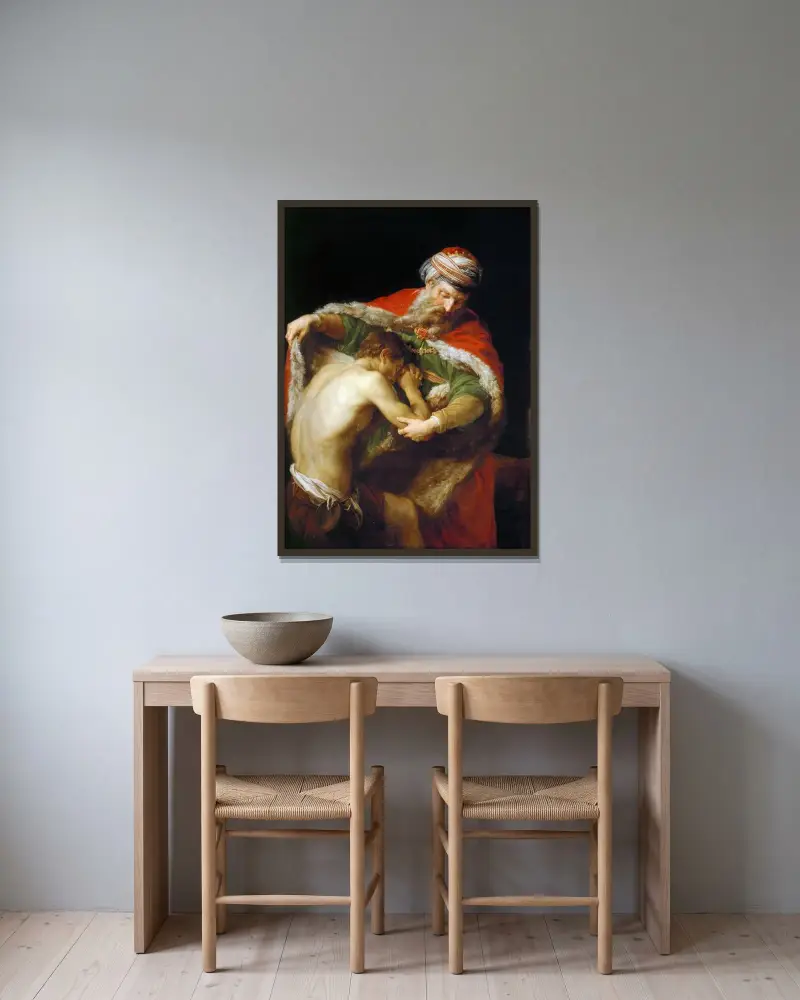 Den förlorade sonens återkomst av Pompeo Batoni inramad på en vägg