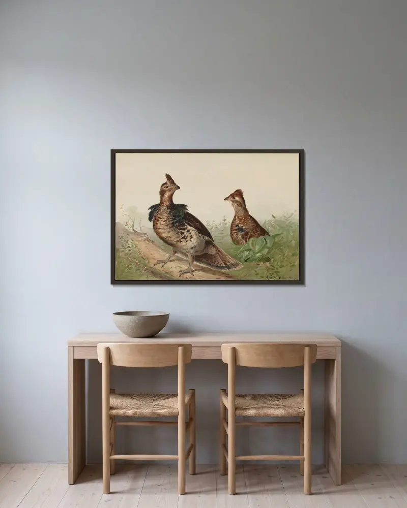 Das Kragenhuhn (Bonasa umbellus) von Alexander Pope Jr. gerahmt an einer Wand