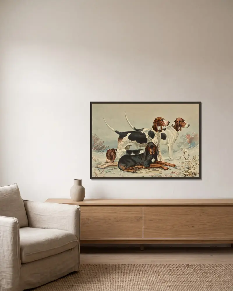 Drei Foxhounds mit Coonhound von Alexander Pope Jr. gerahmt an einer Wand