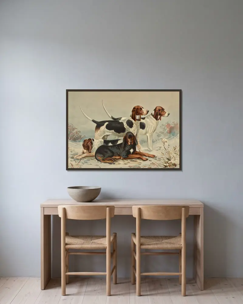 Drei Foxhounds mit Coonhound von Alexander Pope Jr. gerahmt an einer Wand