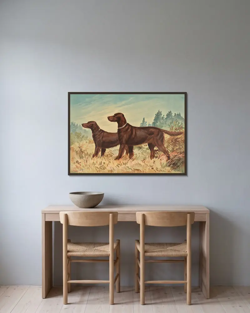 Zwei stehende Flat Coated Retrievers, nach links gewandt von Alexander Pope Jr. gerahmt an einer Wand