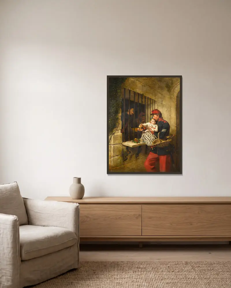 Interiör från fängelset i Marseille, en scen ur Lilla Dorrit av William Powell Frith inramad på en vägg