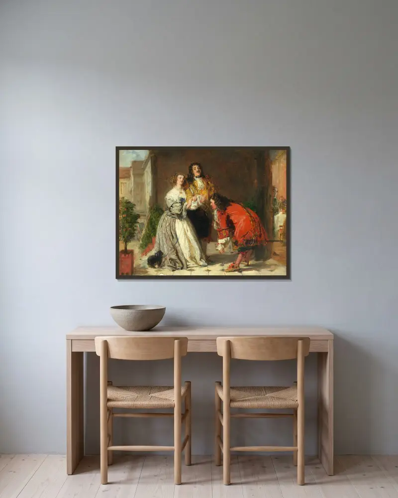 Szene aus Der Bürger als Edelmann von William Powell Frith gerahmt an einer Wand