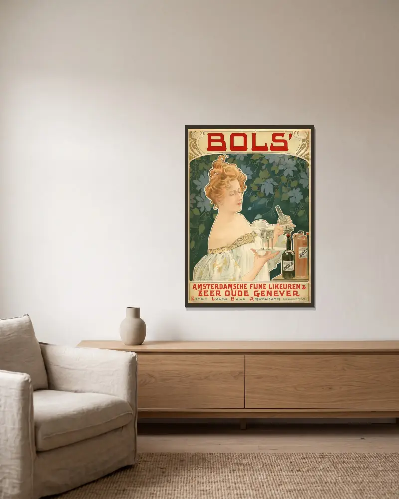 Bols’ Amsterdamsche Fijne Likeuren & zeer oude genever av Henri Privat-Livemont inramad på en vägg