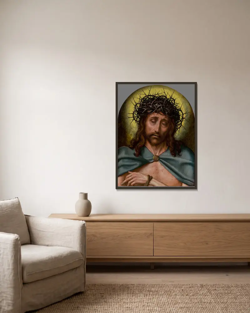 Christ as the Man of Sorrows av Quentin Massys inramad på en vägg