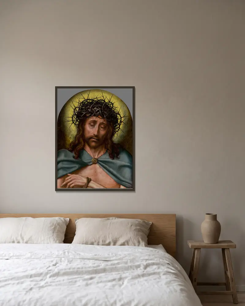 Christ as the Man of Sorrows av Quentin Massys inramad på en vägg