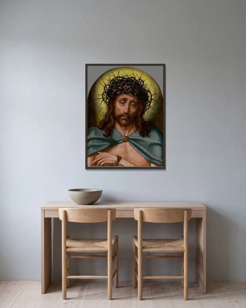 Christ as the Man of Sorrows av Quentin Massys inramad på en vägg